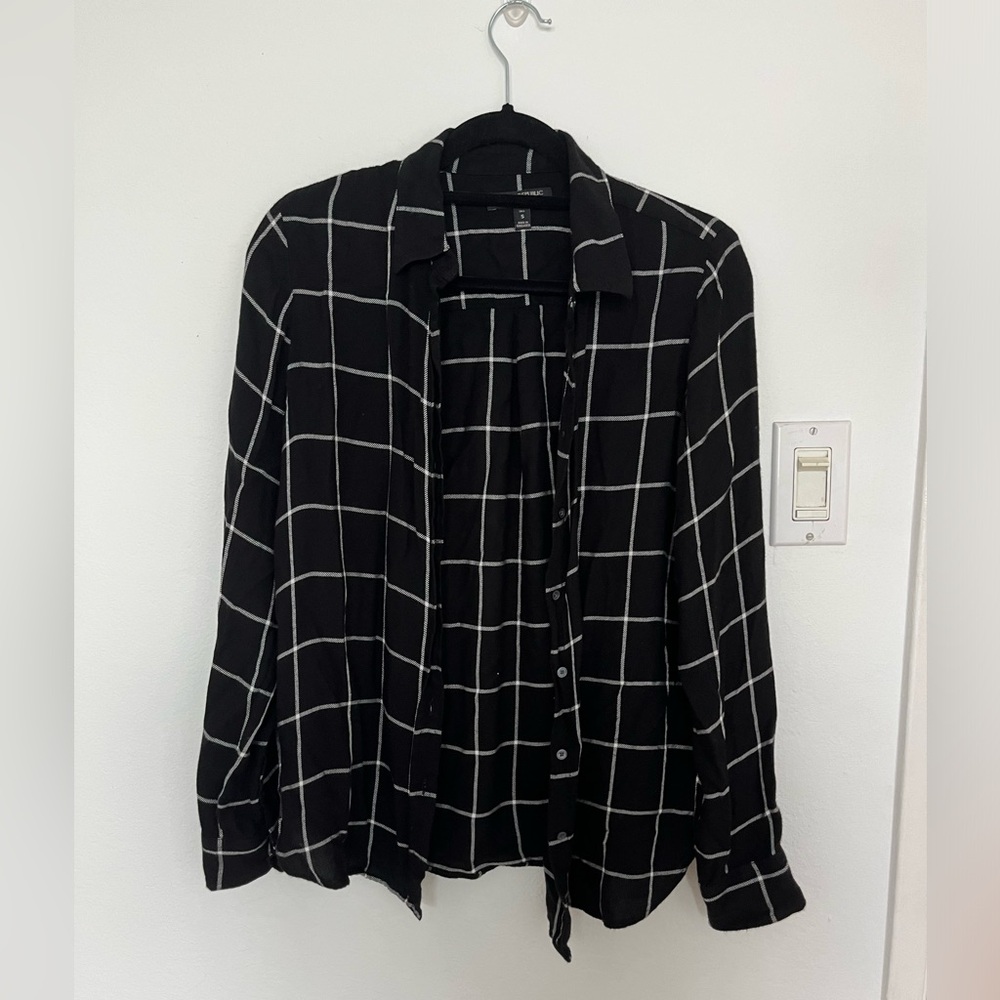 Banana Republic Dillon Classic Fit Black & White Plaid Button Up Flannel Shirt